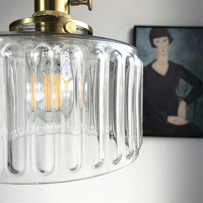 Vintage pendant lamp with ribbed glass shade and gold finish