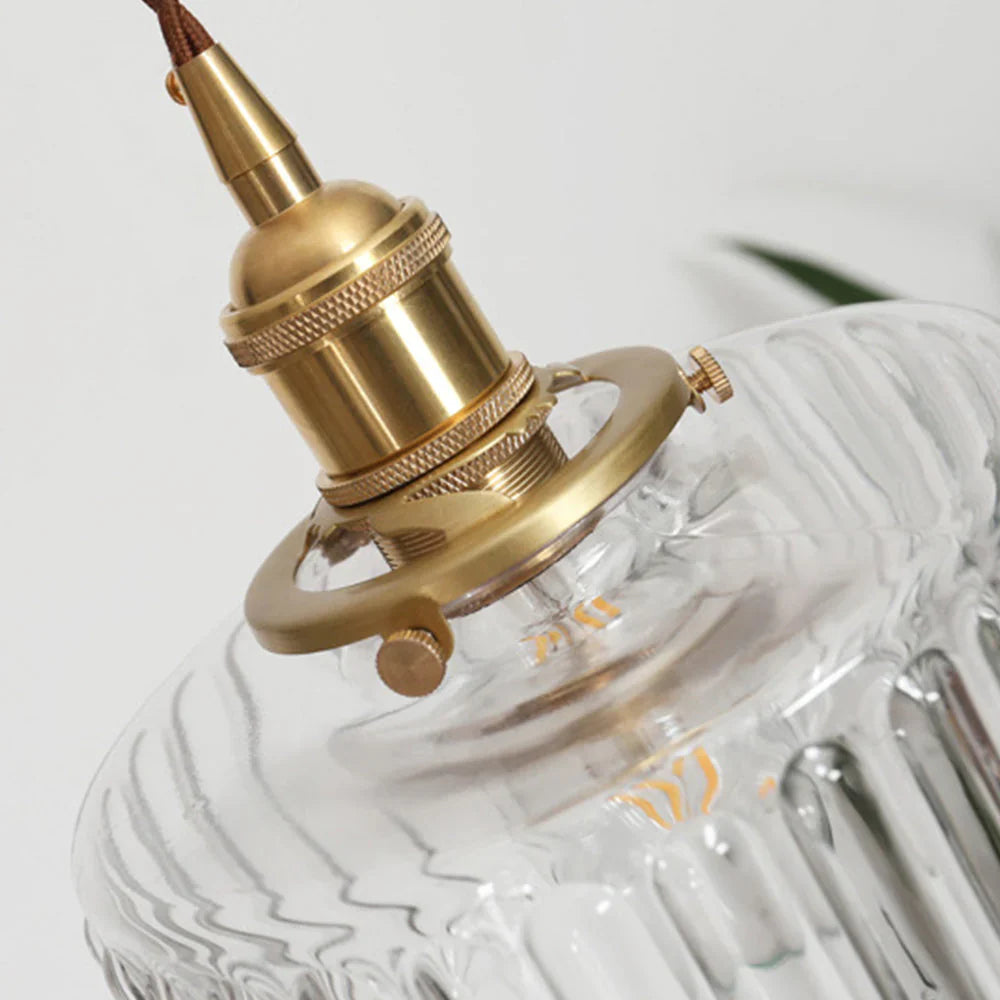 Vintage pendant lamp with ribbed glass shade and gold finish
