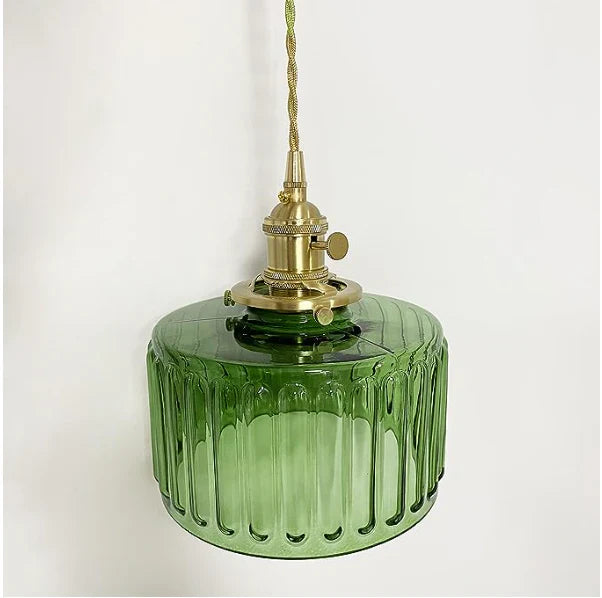Vintage pendant lamp with ribbed glass shade and gold finish