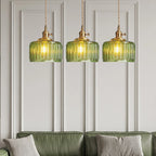 Vintage pendant lamp with ribbed glass shade and gold finish