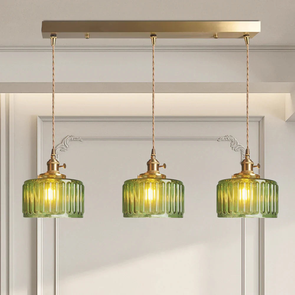 Vintage pendant lamp with ribbed glass shade and gold finish