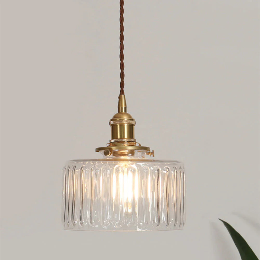 Vintage pendant lamp with ribbed glass shade and gold finish