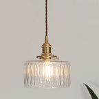 Vintage pendant lamp with ribbed glass shade and gold finish