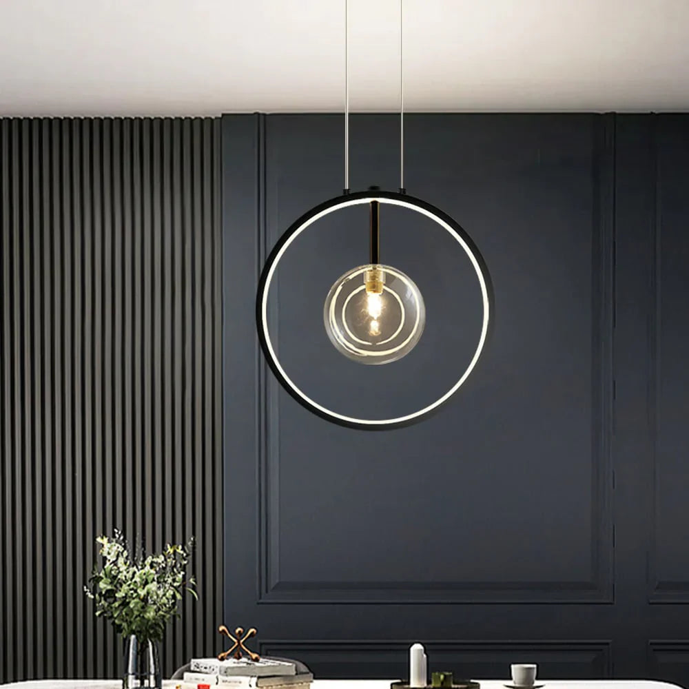 Modern LED pendant lamp in the shape of a circle with a central light source