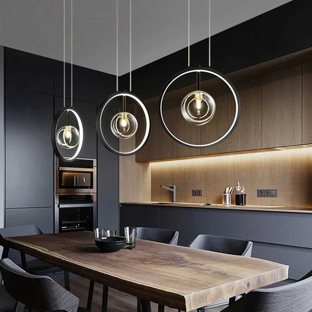 Modern LED pendant lamp in the shape of a circle with a central light source