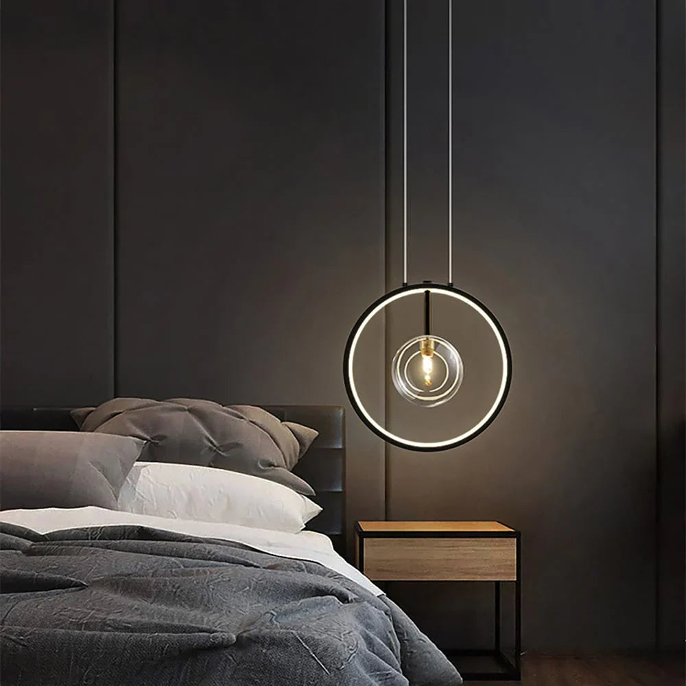 Modern LED pendant lamp in the shape of a circle with a central light source