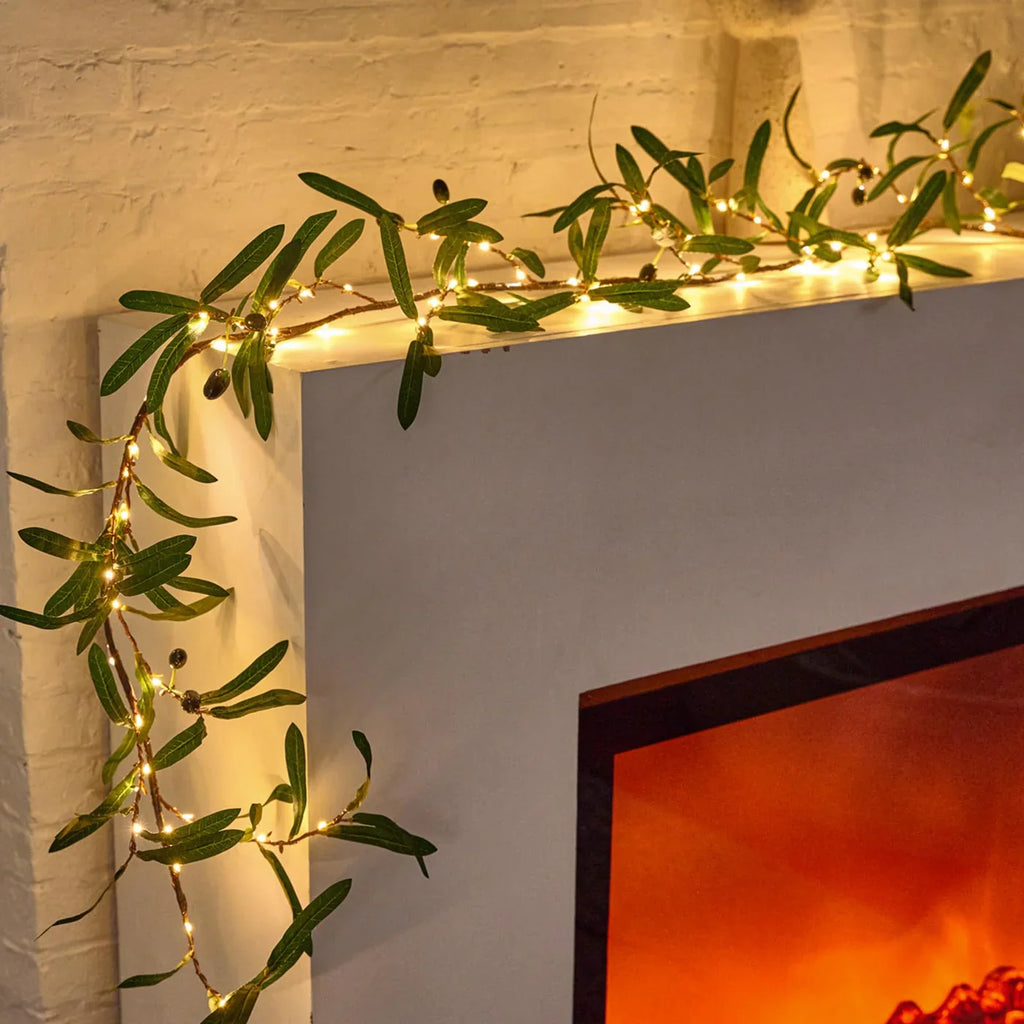 LED Garland with Olive Leaves – Decorative Light Garland for Fireplace, Door, or Wall