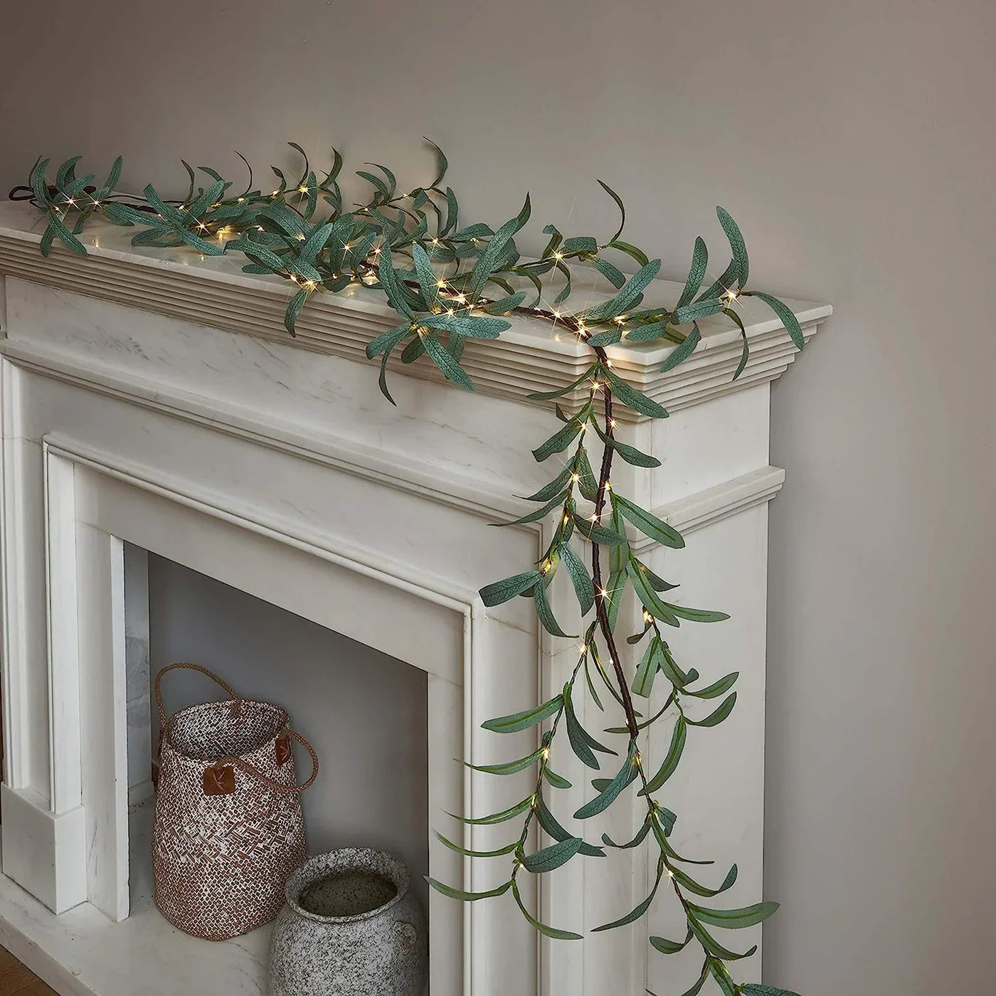 LED Garland with Olive Leaves – Decorative Light Garland for Fireplace, Door, or Wall