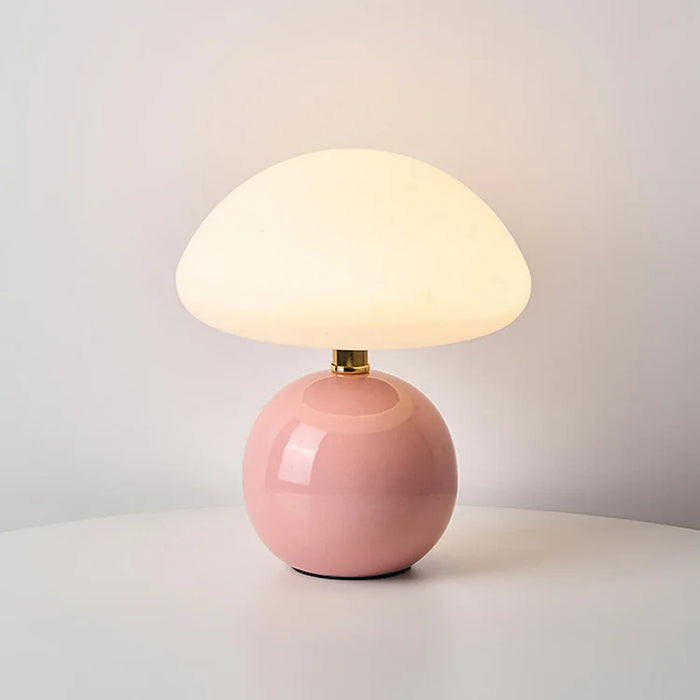 Modern table lamp with a spherical base and mushroom-shaped shade – minimalist style