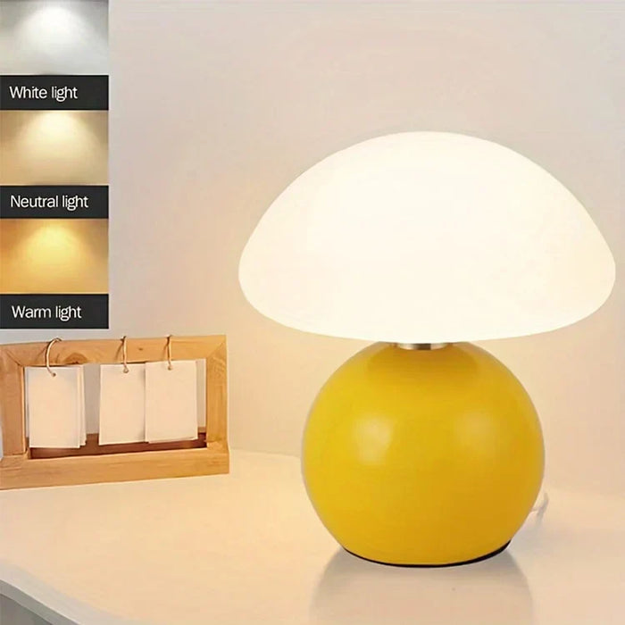 Modern table lamp with a spherical base and mushroom-shaped shade – minimalist style