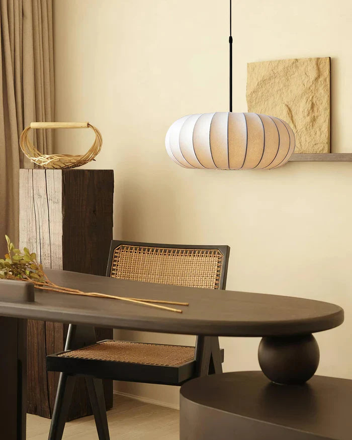 Ceiling lamp with silk shade in Japanese wabi-sabi style – oval shade with delicate ribbing