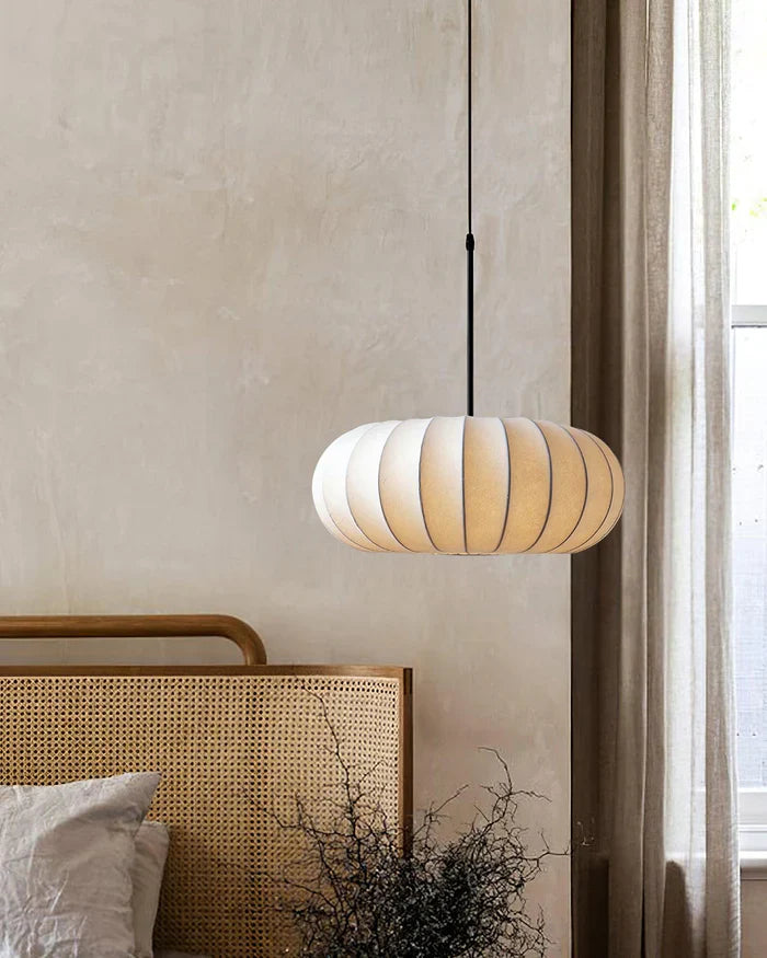 Ceiling lamp with silk shade in Japanese wabi-sabi style – oval shade with delicate ribbing