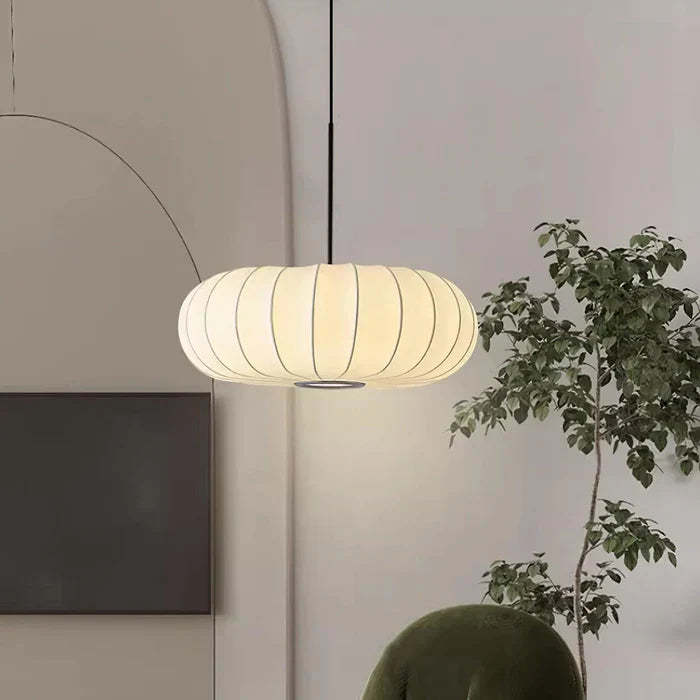 Ceiling lamp with silk shade in Japanese wabi-sabi style – oval shade with delicate ribbing