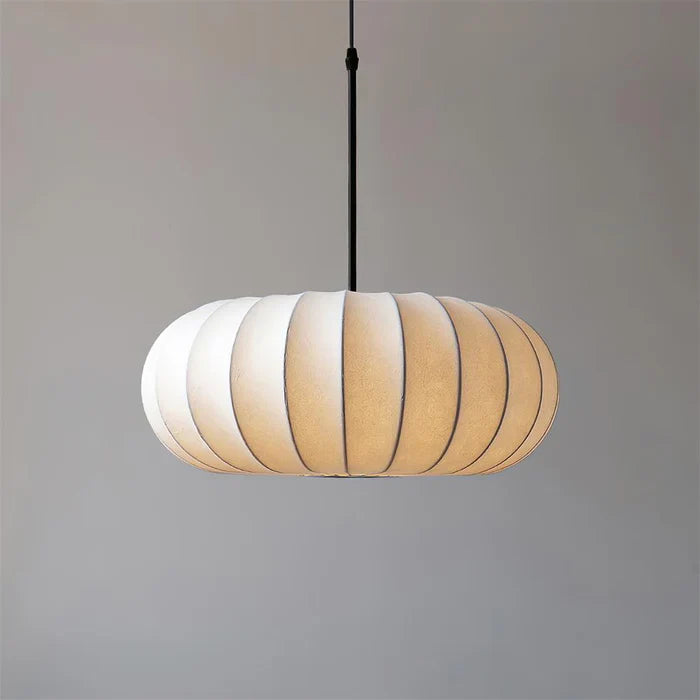 Ceiling lamp with silk shade in Japanese wabi-sabi style – oval shade with delicate ribbing