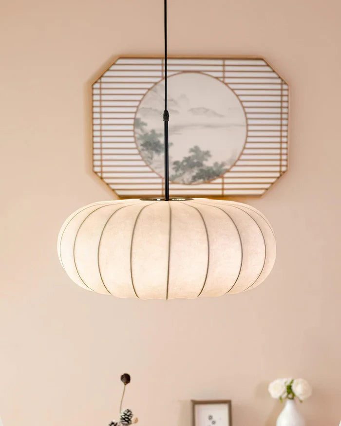 Ceiling lamp with silk shade in Japanese wabi-sabi style – oval shade with delicate ribbing