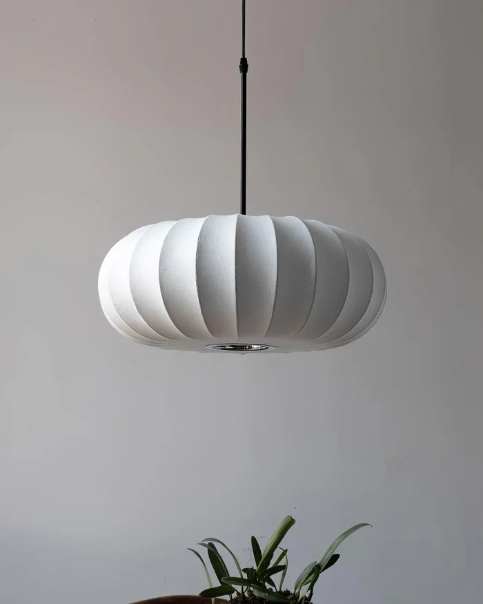 Ceiling lamp with silk shade in Japanese wabi-sabi style – oval shade with delicate ribbing