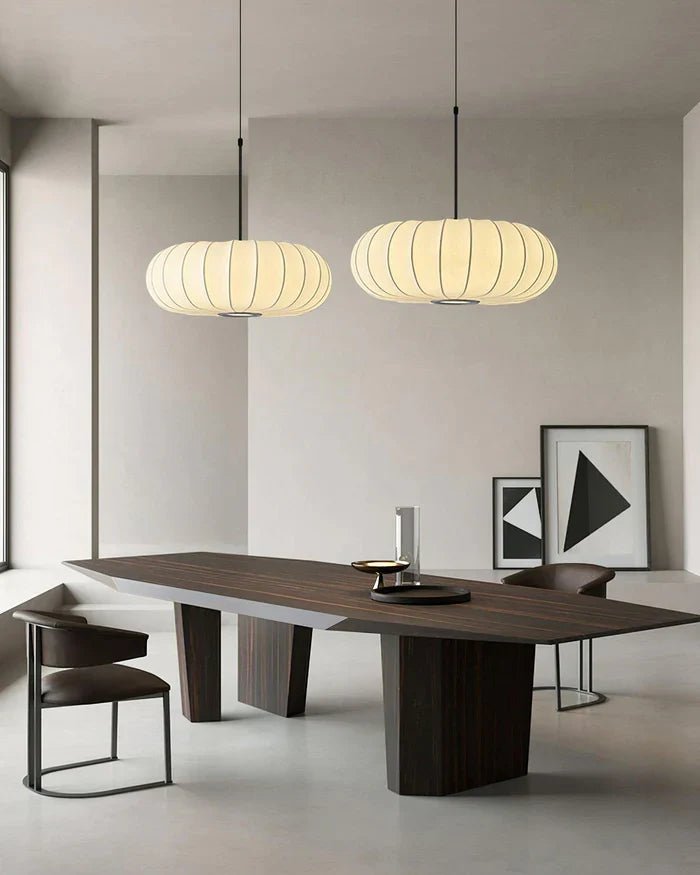 Ceiling lamp with silk shade in Japanese wabi-sabi style – oval shade with delicate ribbing