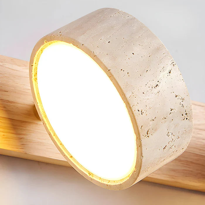 Modern LED wall lamp with rotating shades made of stone and a wooden base