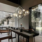 Modern ceiling lamp with spherical shades and a geometric LED ring
