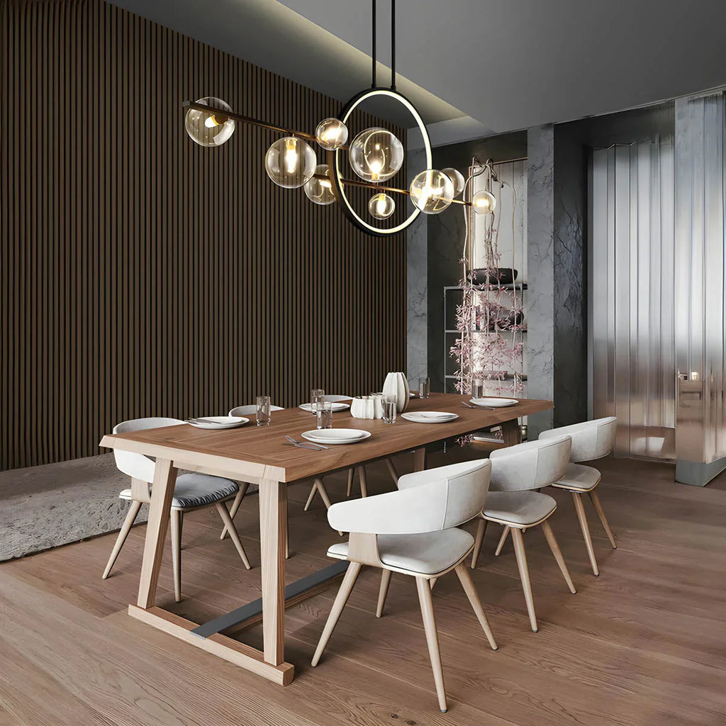 Modern ceiling lamp with spherical shades and a geometric LED ring