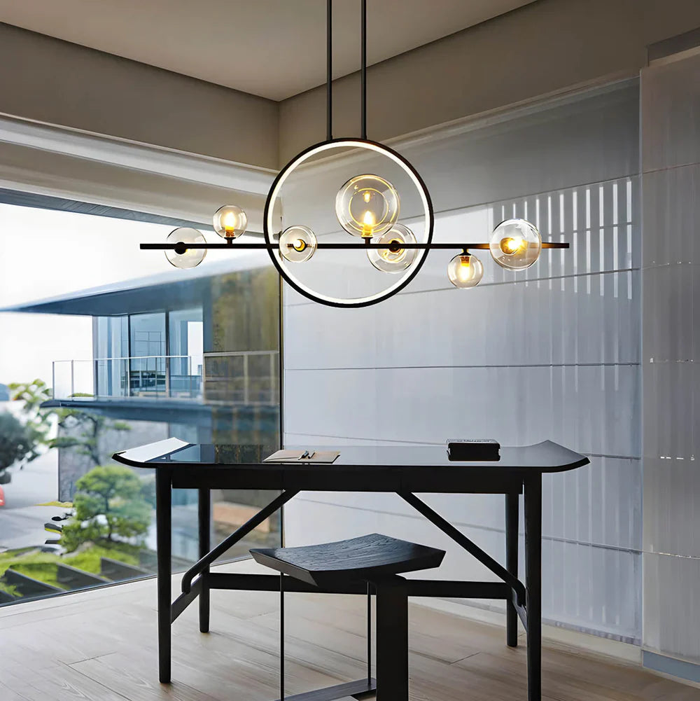 Modern ceiling lamp with spherical shades and a geometric LED ring