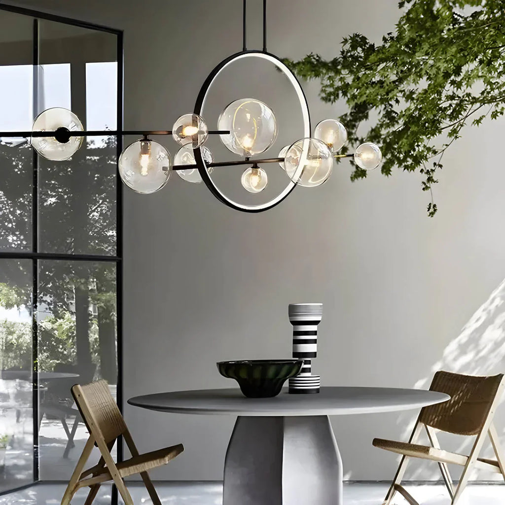 Modern ceiling lamp with spherical shades and a geometric LED ring