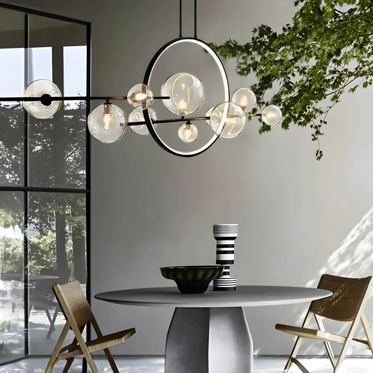 Modern ceiling lamp with spherical shades and a geometric LED ring