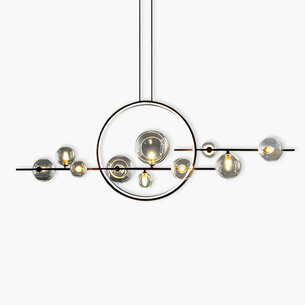 Modern ceiling lamp with spherical shades and a geometric LED ring