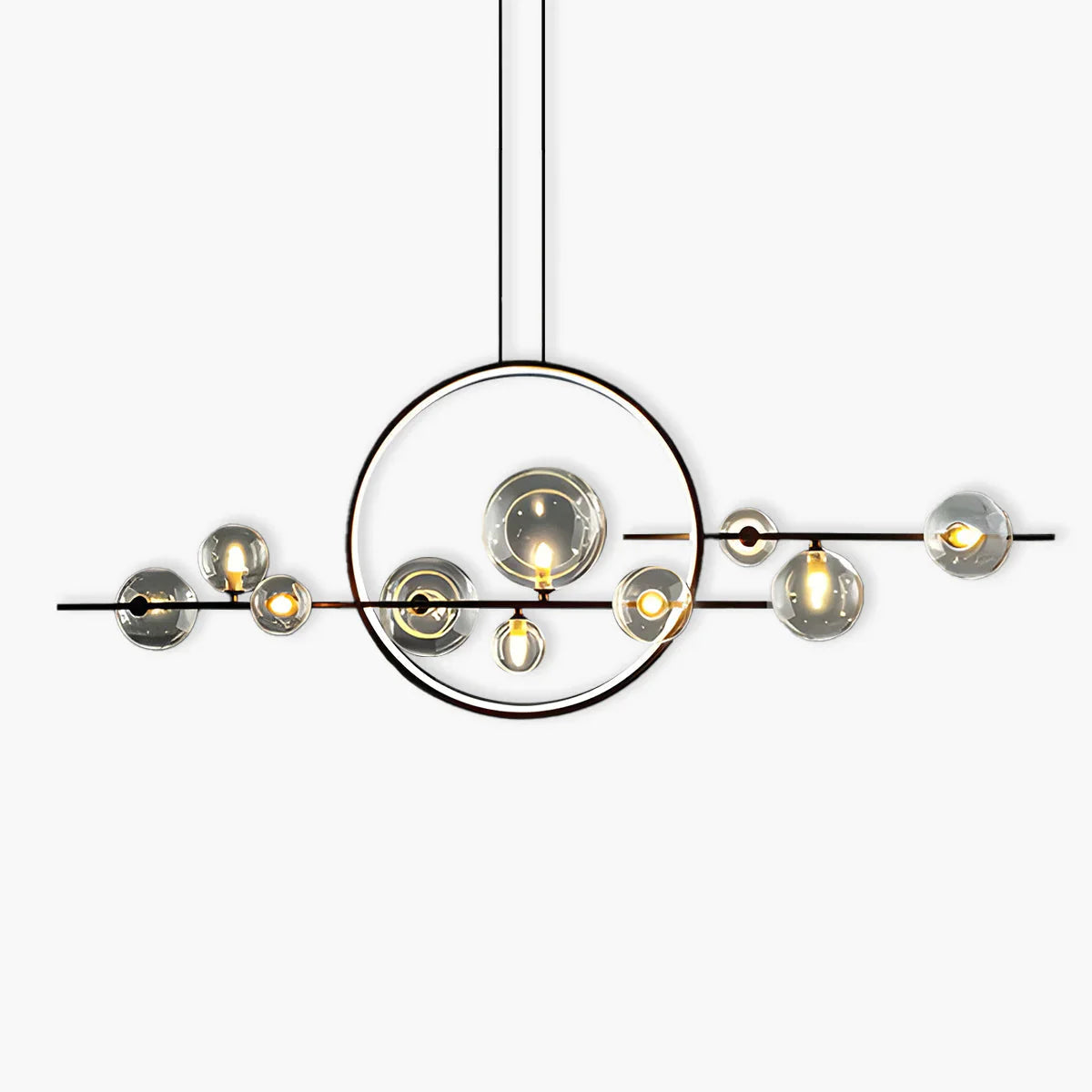Modern ceiling lamp with spherical shades and a geometric LED ring