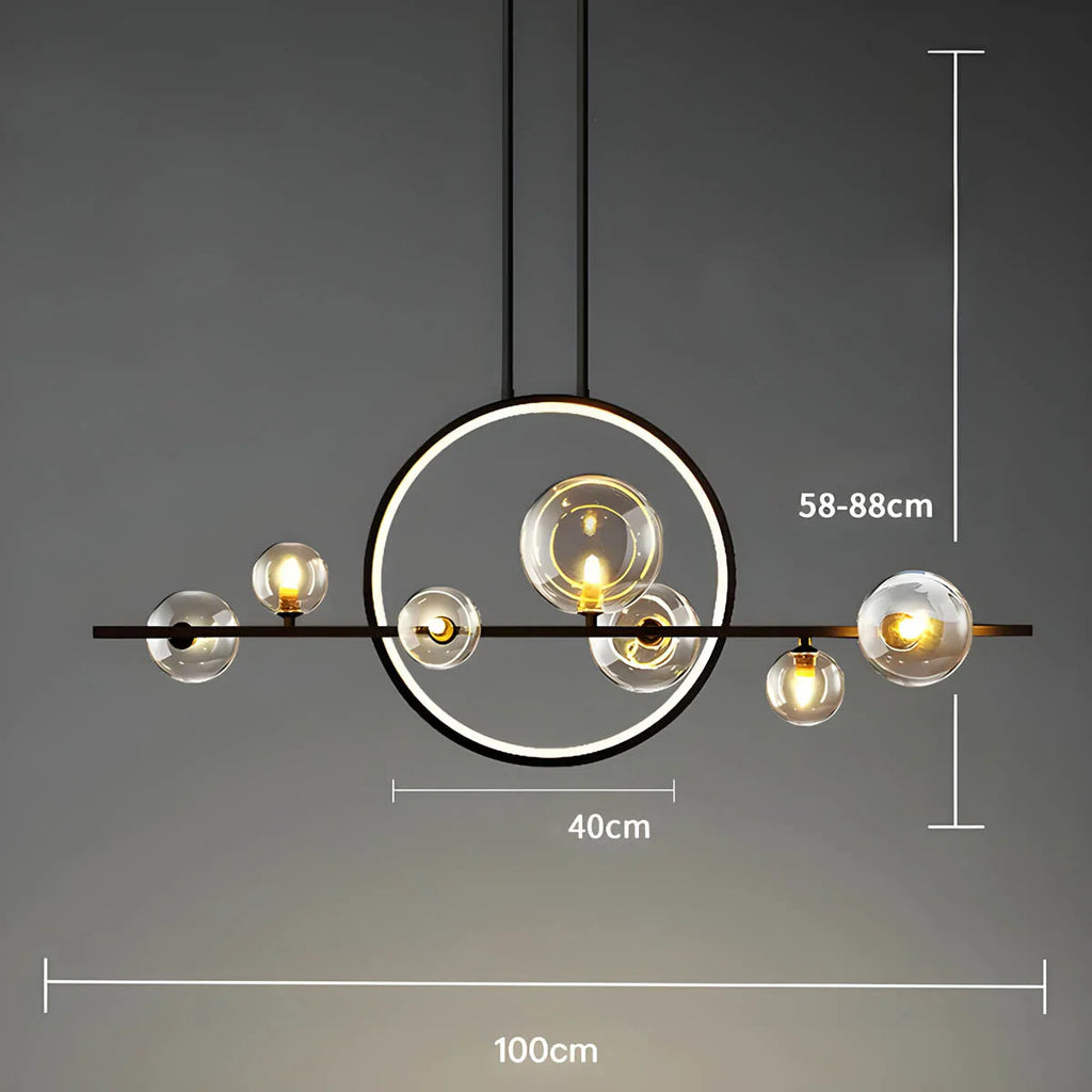 Modern ceiling lamp with spherical shades and a geometric LED ring